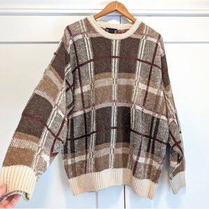 VINTAGE 90s Lands' End Linen/Cotton Tan Brown Plaid Grandpa Crewneck Sweater